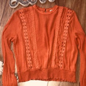 Long sleeve blouse, mock turtle neck, cropped top.